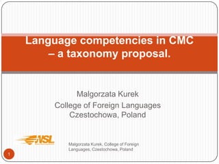 Malgorzata Kurek College of Foreign LanguagesCzestochowa, Poland Malgorzata Kurek, College of Foreign Languages, Czestochowa, Poland 1 Language competencies in CMC – a taxonomy proposal. 
