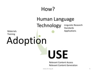 How?
Human Language
Technology Linguistic Research
Standards
Applications

Materials
Training

Adoption

USE

Relevant Content Access
Relevant Content Generation

www.cle.org.pk

6

 