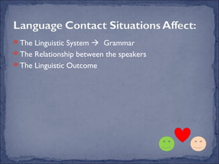 The Linguistic System  Grammar
The Relationship between the speakers
The Linguistic Outcome
 
