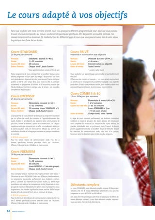 Le cours adapté à vos objectifs
     Parce que vos buts sont notre première priorité, nous vous proposons différents programmes de cours pour que vous puissiez
     trouver celui qui correspondra au mieux à vos besoins linguistiques spécifiques. Afin de garantir une qualité optimale, nos
     classes comprennent au maximum 12 étudiants. Voici les différents types de cours que vous pourrez suivre lors de votre séjour
     linguistique dans l’une de nos écoles.




     Cours STANDARD                                                                     Cours PRIVé
     20 leçons par semaine                                                              Intensité et durée selon vos objectifs
     Niveaux :	                Débutant à avancé (A1➜C1)                                Niveaux :	                Débutant à avancé (A1➜C1)
     Durée :	                  1 à 52 semaines                                          Durée :	                  « à la carte »
     Leçons (45 min) :	        20 / semaine                                             Leçons (60 min) :	        Intensité selon vos objectifs
     Dates d’entrée :	         Chaque lundi*, toute l’année                             Dates d’entrée :	         Toute l’année*
                              *Dates spéciales débutants complets (cf. liste de prix)   	                          * excepté en juillet et août

     Notre programme de cours standard est un excellent choix si vous                   Vous souhaitez un apprentissage personnalisé et particulièrement
     désirez progresser tout en ayant du temps à disposition. Les cours                 efficace ?
     sont généralement dispensés le matin, vous laissant l’après-midi pour              Offrez-vous des cours « sur mesure » ! Les cours privés vous mettent
     profiter à 100 % votre temps libre, pour visiter la ville et participer            au bénéfice d’un enseignement parfaitement adapté à vos objectifs
     activement au programme d’activités et d’excursions proposé par                    particuliers. Grâce à votre professeur attitré, vous étudiez ce dont vous
     l’école. Idéal pour mettre en pratique « sur le terrain » vos nouvelles            avez spécifiquement besoin, à votre niveau, à votre rythme.
     compétences linguistiques !

                                                                                        Cours COMBI 5  10
     Cours INTENSIF                                                                     25 ou 30 leçons par semaine
     25 leçons par semaine
                                                                                        Niveaux :	             élementaire à avancé (A1➜C1)
     Niveaux :	                élémentaire à avancé (A1➜C1)                             Durée :	               1 à 52 semaines
     Durée :	                  1 à 52 semaines                                          Leçons (45  60 min) :	25 ou 30 / semaine
     Leçons (45 min) :	        25 / semaine (cours STANDARD +5)                         	                      (cours STANDARD + 5 ou 
     Dates d’entrée :	         Chaque lundi, toute l’année                              	                      + 10 en cours privés)
                                                                                        Dates d’entrée :	      Chaque lundi, toute l’année
     Le programme de cours intensif se distingue du programme standard
     par un rythme de travail plus soutenu et l’approfondissement des                   Ce type de cours convient parfaitement aux étudiants souhaitant
     sujets étudiés en privilégiant une approche plus communicative et                  combiner un cours de groupe à des leçons privées, afin de pouvoir
     plus libre, comme les thèmes à option et la conversation. Les 5 leçons             ainsi compléter les manques ou récapituler les sujets délicats de
     supplémentaires par semaine sont en effet principalement axées sur                 manière individuelle avec un professeur. Aussi, l’apport de leçons
     la communication orale. Un exercice très efficace qui permet une                   privées supplémentaires est un excellent moyen d’intensifier encore
     assimilation durable de la langue par une mise en pratique immédiate               les exercices de communication orale, cela hors d’un groupe,
     et concrète.                                                                       favorisant ainsi les étudiants plus timides ou plus exigeants.
     A BERLIN uniquement
     Pour les 5èmes leçons de communication orale, l’un des 3
     thèmes spécifiques suivants peut-être choisi par l’étudiant 
                                                                :
     Affaires / Culture à Berlin / Hôtellerie et Gastronomie.


     Cours PREMIUM
     30 leçons par semaine
     Niveaux :	                élémentaire à avancé (A1➜C1)
     Durée :	                  1 à 52 semaines
     Leçons (45 min) :	        30 / semaine
     	                         (cours INTENSIF + 5 en mini-groupe)
     Dates d’entrée :	         Chaque lundi, toute l’année

     Vous comptez faire un maximum de progrès pendant votre séjour ?
     Choisissez le cours PREMIUM ! Grâce aux 30 leçons hebdomadaires,
     ce programme conviendra parfaitement aux étudiants motivés,
     prêts à s’investir au maximum dans leurs études. La 6ème leçon
     quotidienne est axée sur les compétences écrites, dispensée en mini-               Débutants complets
     groupe de maximum 7 étudiants. En optant pour ce programme, vous
                                                                                        Le cours STANDARD pour débutant complet propose 20 leçons par
     augmenterez de manière significative votre maîtrise de la langue
                                                                                        semaine. Une fois le niveau élémentaire atteint (A1), vous pourrez
     étudiée, à l’oral comme à l’écrit, en un minimum de temps.
                                                                                        fréquenter un cours INTENSIF ou PREMIUM.
     A BERLIN uniquement
                                                                                        Des dates d’entrée spécifiques sont mises en place pour les élèves de
     Pour les 5èmes et 6ème leçons de communication orale et écrite, l’un
                                                                                        niveau débutant complet. Si vous êtes débutant complet, reportez-
     des 3 thèmes spécifiques suivants peut-être choisi par l’étudiant   :
                                                                                        vous aux dates d’entrée de la liste de prix.
     Affaires / Culture à Berlin / Hôtellerie et Gastronomie.



12    www.esl-schools.org
 