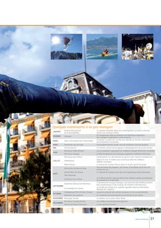 Quelques évènements à ne pas manquer
            Festival International                La capitale mondiale alpine de la Montgolfière accueille ce festival
Janvier
            de la Montgolfière                    durant une semaine entière
                                                  De nombreuses villes aux alentours de Montreux organisent
Février     Carnaval
                                                  des cortèges et spectacles à cette occasion
                                                  A Genève, ce salon est l’un des plus réputés au monde, présentant
Mars        Salon International de l’Automobile
                                                  de nombreuses nouveautés
Avril       Festival de Jazz de Cully             Une programmation variée, avec de nombreux concerts gratuits
MaI         Animai Festival                       Un festival culturel encourageant le développement de jeunes artistes
            Montreux Volley Masters               Une compétition regroupant les meilleures équipes féminines mondiales
Juin
            Fête de la musique                    La Fête Européenne de la Musique, également célébrée à Montreux
            Montreux Jazz Festival                Certainement l’un des festivals du genre le plus réputé mondialement
                                                  Depuis 33 ans, le rendez-vous incontournable des meilleurs
Juillet     Athletissima
                                                  athlètes mondiaux
            Paléo Festival                        Le Festival de musique Pop en plein air le plus grand d’Europe
                                                  Une rencontre de jongleurs, de mimes, d’acrobates et de tous les
            Festival des Artistes de Rues
                                                  artistes de rue
            Festival Rock Oz’Arènes               Un festival de musique rock dans de magnifiques arènes Romaines
Août
            Fête Nationale
                                                  Une démonstration époustouflante des meilleurs pilotes acrobatiques
            Sonchaux Accro Show
                                                  de parapente et d’aile delta
                                                  3 semaines de musique classique, une rencontre des meilleurs ensem-
            Septembre Musical de Montreux
                                                  bles symphoniques et de musique de chambre internationaux
Septembre
                                                  La récolte de l’année d’un superbe vignoble classé au Patrimoine
            Les vendages du Lavaux
                                                  Mondial de l’UNESCO
            Underground Film  Music Festival     Lausanne présente des artistes nouveaux et non-conventionnels
Octobre
            Marathon de Lausanne                  Un marathon de toute beauté sur les bords du Lac Léman
Novembre Metropop Festival                        Le meilleur de la scène Urban Music
            Montreux Comedy Festival              Les meilleurs humoristes francophones
Décembre
            Marché de Noël à Montreux             Le plus grand en Suisse !




                                                                                                   www.esl-schools.org   21
 