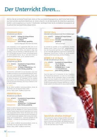 Der Unterricht Ihren...
     Weil Ihre Ziele bei uns höchste Priorität haben, bieten wir Ihnen verschiedene Kursprogramme an, damit Sie das finden können,
     was Ihren konkreten sprachlichen Bedürfnissen am meisten entspricht. Um die beste Qualität des Unterrichts zu garantieren,
     bestehen unsere Gruppenkurse aus maximal 12 Studierenden. Nachfolgend finden Sie die verschiedenen Kursprogramme, die
     Sie während Ihres Sprachaufenthaltes belegen können.




     STANDARD Kurs                                                                      PRIVAT Kurs
     20 Lektionen pro Woche                                                             Intensität und Kursdauer je nach Ihren Zielsetzungen
     Stufen: (A1➜C1)     Anfänger bis Fortgeschrittene                                  Stufen: (A1➜C1)	 Anfänger bis Fortgeschrittene
     Kursdauer:	          1 bis 52 Wochen                                               Kursdauer:	Individuell
     Lektionen (45 Min):	 20 / Woche                                                    Lektionen (60 Min):	 Intensität je nach Zielsetzungen
     Anfangstermine:	 jeden Montag*, ganzjährig                                         Anfangstermine:	ganzjährig*
                      *für absolute Anfänger gelten andere Termine (siehe Preisliste)   	                         *außer im Juli und August


     Unser Standardkurs ist eine ausgezeichnete Wahl, wenn Sie im                       Sie wünschen ein persönlich auf Sie zugeschnittenes, besonders
     Französischen-/Deutschen vorankommen, aber trotzdem immer noch                     effizientes Lernen? Gönnen Sie sich einen „maßgeschneiderten“
     frei verfügbare Zeit haben möchten. Der Unterricht erfolgt meist                   Kurs! Der Privatunterricht gibt Ihnen einen Unterricht, der perfekt
     vormittags, so dass Sie nachmittags zu 100% freie Zeit haben, in der               auf Ihre individuellen Bedürfnisse zugeschnitten ist. Mit Ihrer fest
     Sie in die Stadt gehen oder aktiv am Freizeit- und Ausflugsprogramm                zugewiesenen Lehrkraft lernen Sie genau das, was Sie persönlich
     der Schule teilnehmen können. Dies ist ideal, wenn Sie Ihre neu                    brauchen, auf Ihrem Sprachniveau, nach Ihrem Rhythmus.
     erworbenen Sprachkenntnisse „vor Ort“ anwenden möchten!
                                                                                        KOMBI 5  10 Kurse
     INTENSIV Kurs                                                                      25 oder 30 Lektionen pro Woche
     25 Lektionen pro Woche
                                                                                        Stufen: (A1➜C1)	         Grundstufe bis Fortgeschrittene
     Stufen: (A1➜C1)	 Grundstufe bis Fortgeschrittene                                   Kursdauer:	              1 bis 52 Wochen
     Kursdauer:	          1 bis 52 Wochen                                               Lektionen:	              25 oder 30 / Woche
     Lektionen (45 Min):	 25 / Woche (STANDARD Kurs +5)                                 (45  60 Min)	           (STANDARD Kurse +5 oder
     Anfangstermine:	 jeden Montag, ganzjährig                                          	                        +10 Privatlektionen)
                                                                                        Anfangstermine:	         jeden Montag, ganzjährig
     Der Intensivkurs unterscheidet sich vom Standardkurs durch einen
     schnelleren Lernrhythmus und eine vertiefte Behandlung der Themen,
                                                                                        Dieser Kurs eignet sich für Studierende, die einen Gruppenkurs
     durch einen kommunikativeren und zwangloseren Ansatz sowie
                                                                                        mit Privatunterricht kombinieren und damit ihre Kenntnislücken
     durch optionale Themen und Gespräche. Die 5 zusätzlichen Lektionen
                                                                                        füllen möchten oder bei schwierigeren Themen mit individuellem
     pro Woche konzentrieren sich mehrheitlich auf die mündliche
                                                                                        Studium und einem Privatlehrer eine vertiefte Kenntnis erreichen
     Kommunikation. Eine höchst effiziente, auf sofortige und praktische
                                                                                        wollen. Zusätzliche Privatstunden sind ein ausgezeichneter Weg, die
     Erfahrung basierende Anwendung, die ein lang anhaltendes Lernen
                                                                                        mündliche Ausdrucksweise mit Übungen außerhalb einer Gruppe zu
     der Sprache erlaubt.
                                                                                        festigen, perfekt für schüchterne oder sehr anspruchsvolle Studierende.
     Nur in Berlin
     Bei der fünften mündlichen Kommunikationslektion, können die
     Studierenden unter den folgenden Themen wählen:
     Business / Kultur in Berlin / Hotellerie  Gastronomie.

     PREMIUM Kurs
     30 Lektionen pro Woche
     Stufen: (A1➜C1)	 Grundstufe bis Fortgeschrittene
     Kursdauer:	          1 bis 52 Wochen
     Lektionen (45 Min):	 30 / Woche
     	                    (INTENSIV Kurs +5 in Minigruppe)
     Anfangstermine:	     jeden Montag, ganzjährig

     Möchten Sie während Ihres Aufenthalts Ihre Fortschritte maximieren?
     Wählen Sie dann den PREMIUM Kurs! Mit 30 Lektionen pro Woche
     ist dieses Programm ideal für motivierte Studierende, die sich intensiv
     ihrem Sprachstudium widmen möchten. Die sechste Lektion am Tag
     ist dem schriftlichen Ausdruck gewidmet und wird in Minigruppen von
     maximal 7 Teilnehmenden abgehalten. Wenn Sie diesen Kurs wählen,                   Speziell für absolute Anfänger
     werden Sie ihre Sprachkenntnisse – sowohl die mündlichen wie die                   Der Standardkurs für absolute Anfänger beinhaltet wöchentlich 20
     schriftlichen – in kürzester Zeit auf eindrückliche Art verbessern.                Lektionen. Sobald die Kenntnisse der Grundstufe erreicht haben,
     Nur in Berlin                                                                      können Sie dann auch einen Intensiv- oder PREMIUM besuchen. Für
     Bei der sechsten mündlichen Kommunikationslektion, können die                      völlige Anfänger gibt es spezifische Starttermine. Bitte informieren
     Studierenden unter den der folgenden Themen wählen:                                Sie sich über diese Daten auf der Preisliste.
     Business / Kultur in Berlin / Hotellerie  Gastronomie.



12    www.esl-schools.org
 