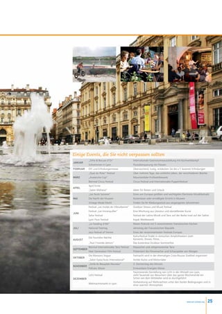 Einige Events, die Sie nicht verpassen sollten
            „Sirha  Bocuse d’Or”                    Internationale Gastronomieausstellung mit Kochwettkampf
Januar
            Schwimmen in Lyon                        Flussüberquerung mit Flossen
Februar     DIY und Erfindungermesse                 Überraschend, lustig, entdecken Sie die z.T. bizarren Erfindungen
            „Quai du Polar” Festival                 Über mehrere Tage, das wirkliche Leben, der verschiedenen Bezirke
März        „Avalanche Cup”                          Mountainbike Profiwettbewerb
            Biennial Circus Festival                 Circus Festival und Internationales Puppenfestival
            April Ernte
April
            „Salon Mahana”                           Ideen für Reisen und Urlaub
            „Les Nuits Sonores”                      Eines von Europas größten und wichtigsten Electronic-Musikfestivals
MaI         Die Nacht der Museen                     Kostenloser oder ermäßigter Eintritt in Museen
            Vintage Mode Markt                       Finden Sie Ihr Kleidungsstück aus vergangenen Jahrzehnten
            Festival „Les Invités de Villeurbanne”   Outdoor Shows und Musik Festival
            Festival „Les Intranquilles”             Eine Mischung aus Literatur und darstellender Kunst
Juni
            Salsa Festival                           Festival der Latino-Musik und Tanz auf der Barbe Insel auf der Saône
            Lyon Fluss Festival                      Kayak Wettbewerb
            „Le Fooding d’été”                       Riesen Picknick mit 5 renommierten französischen Köchen
Juli        National Feiertag                        Jahrestag der Französischen Republik
            Jazz Festival of Vienne                  Eines der renommiertesten Festivals Europas
                                                     Kulturfestival findet in römischen Amphitheatern statt:
            Die Fourvière Nächte
August                                               Konzerte, Shows, Filme, ...
            „Tout l’monde dehors”                    Das kostenlose Outdoor Sommerfest
            Biennial Internationales Tanz Festival   Klassischer und zeitgenössischer Tanz
September
            Next Generation Film Festival            Präsentiert die Filmemacher und Schauspieler von Morgen
            Die Maroons Vogue                        Fastnacht wird in der ehemaligen Croix-Rousse Stadtteil organisiert
Oktober
            „Salon Epoq’Auto International”          Antike Autos und Motorräder
            „Sortie du Beaujolais Nouveau”           3. Donnerstag des Monats
November
            Pollutec Messe                           Erneuerbare Energien Messe
                                                     Faszinierende Darstellung von Licht in der Altstadt von Lyon,
            Licht Festival                           zieht Tausende von Besuchern über das ganze Wochenende ein
Dezember                                             Schon seit dem Mittelalter wird es durchgeführt
                                                     Vorbereitung auf Weihnachten unter den besten Bedingungen und in
            Weihnachtsmarkt in Lyon
                                                     einer warmen Atmosphäre




                                                                                                      www.esl-schools.org   25
 