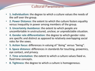 Cultural Parameters
• 1. Individualism: the degree to which a culture values the needs of
the self over the group.
• 2. Power Distance: the extent to which the culture fosters equality
versus inequality in power among members of the group.
• 3. Uncertainty Avoidance: the extent to which people are
uncomfortable in unstructured, unclear, or unpredictable situation.
• 4. Gender role differentiation: the degree to which gender roles
are specific and distinct as apposed to relatively overlapping social
roles for the sexes.
• 5. Action focus: differences in valuing of “doing” versus “being”.
• 6. Space distance: differences in standards for touching, proxemics,
eye contact, and privacy.
• 7. Time orientation: the extent to which a culture values fixed vs.
fluid time concepts.
• 8. Tightness: the degree to which a culture is homogeneous.
 