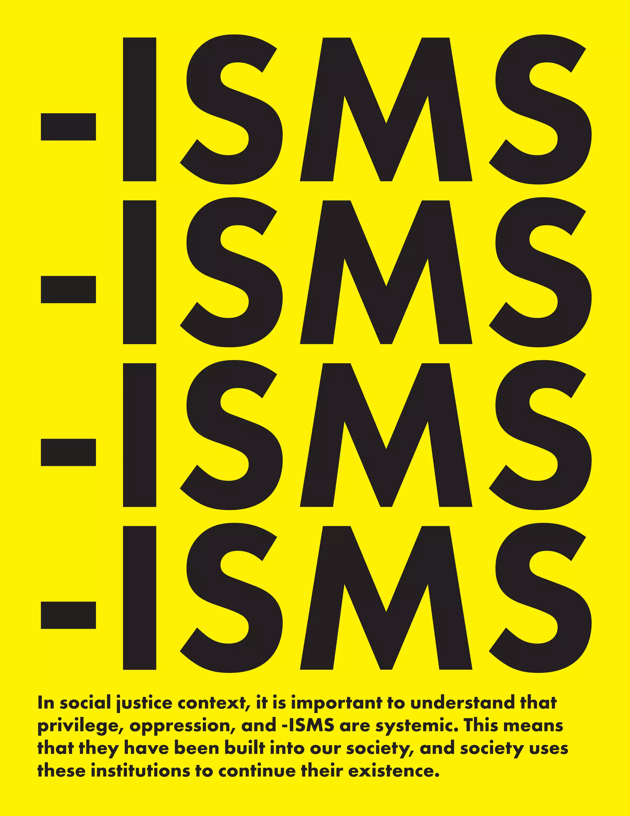 -ISMS
-ISMS
-ISMS
-ISMSIn social justice context, it is important to understand that
privilege, oppression, and -ISMS are systemic. This means
that they have been built into our society, and society uses
these institutions to continue their existence.
 