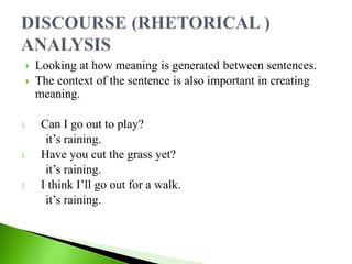  Looking at how meaning is generated between sentences.
 The context of the sentence is also important in creating
meaning.
1. Can I go out to play?
it’s raining.
1. Have you cut the grass yet?
it’s raining.
1. I think I’ll go out for a walk.
it’s raining.
 
