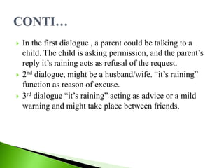  In the first dialogue , a parent could be talking to a
child. The child is asking permission, and the parent’s
reply it’s raining acts as refusal of the request.
 2nd dialogue, might be a husband/wife. “it’s raining”
function as reason of excuse.
 3rd dialogue “it’s raining” acting as advice or a mild
warning and might take place between friends.
 