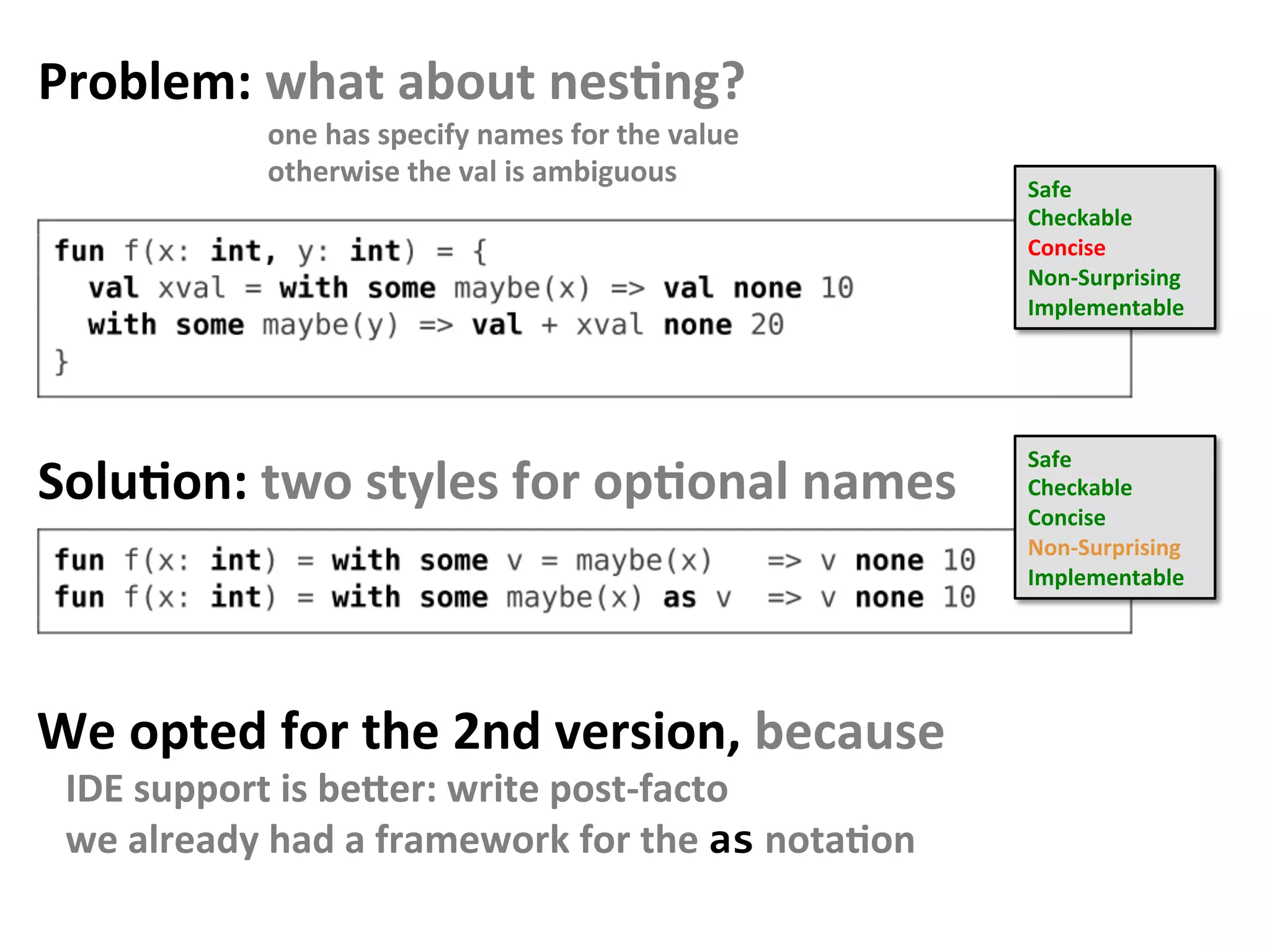 Problem:	what	about	nesFng?	
one	has	specify	names	for	the	value		
otherwise	the	val	is	ambiguous	
Safe	
Checkable	
Concise	
Non-Surprising		
Implementable		
SoluFon:	two	styles	for	opFonal	names	
Safe	
Checkable	
Concise	
Non-Surprising		
Implementable		
We	opted	for	the	2nd	version,	because		
			IDE	support	is	beaer:	write	post-facto	
			we	already	had	a	framework	for	the	as	notaFon	
 