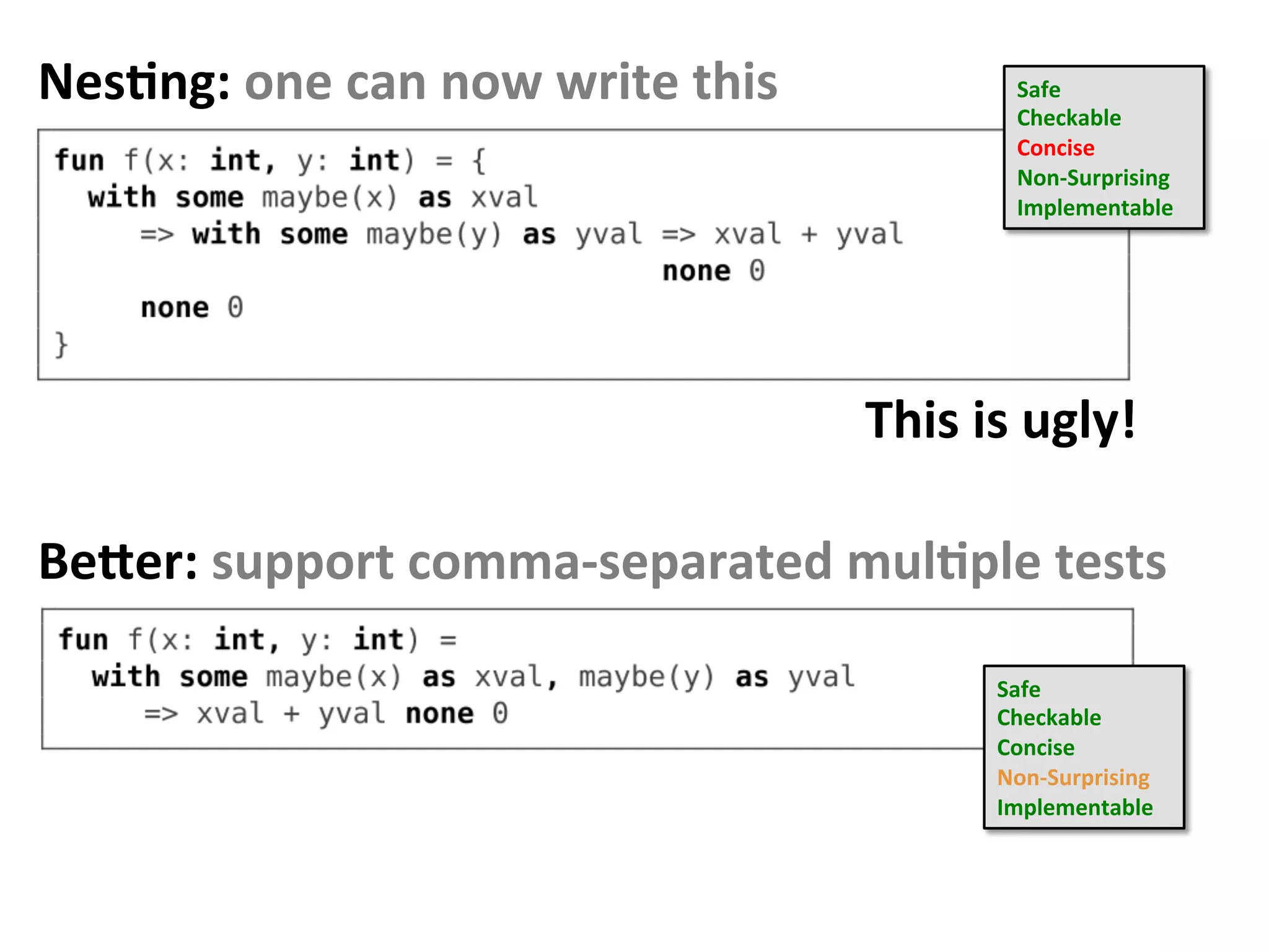 NesFng:	one	can	now	write	this	 Safe	
Checkable	
Concise	
Non-Surprising		
Implementable		
This	is	ugly!	
Beaer:	support	comma-separated	mulFple	tests	
Safe	
Checkable	
Concise	
Non-Surprising		
Implementable		
 