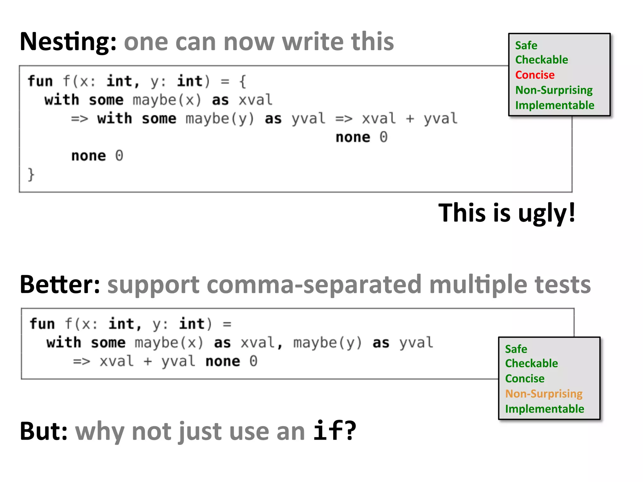 NesFng:	one	can	now	write	this	 Safe	
Checkable	
Concise	
Non-Surprising		
Implementable		
This	is	ugly!	
Beaer:	support	comma-separated	mulFple	tests	
Safe	
Checkable	
Concise	
Non-Surprising		
Implementable		
But:	why	not	just	use	an	if?	
 