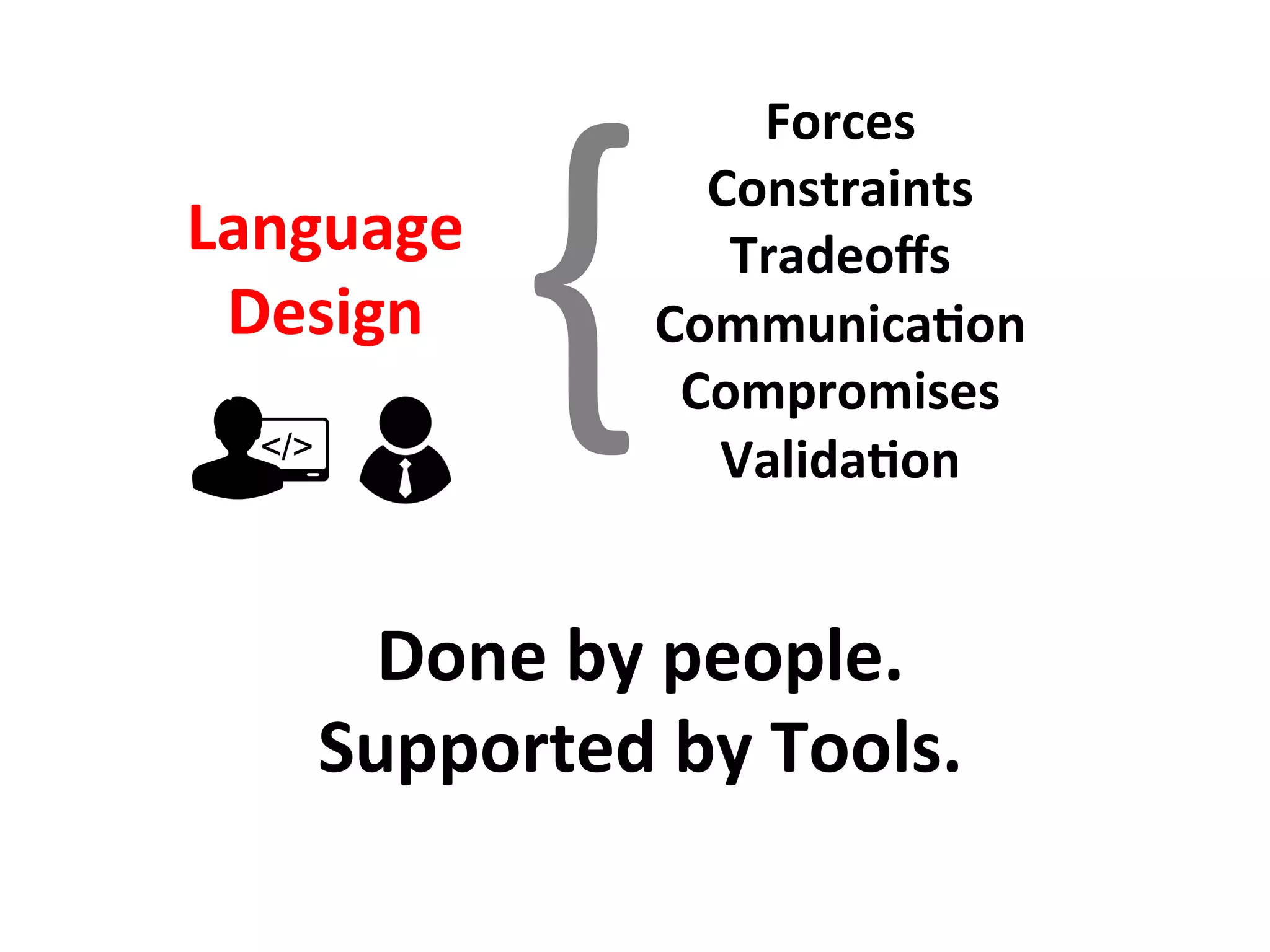 Language	
Design	
Forces	
Constraints	
Tradeoﬀs	
CommunicaFon	
Compromises	
ValidaFon	
{
Done	by	people.	
Supported	by	Tools.	
 