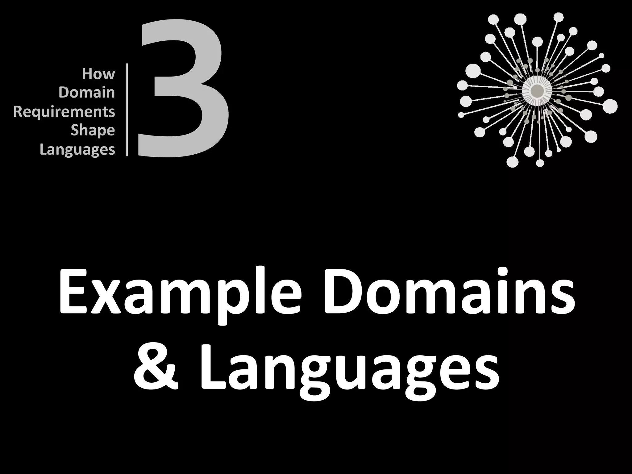 Example	Domains	
&	Languages	
3	
How		
Domain		
Requirements	
Shape	
Languages	
 
