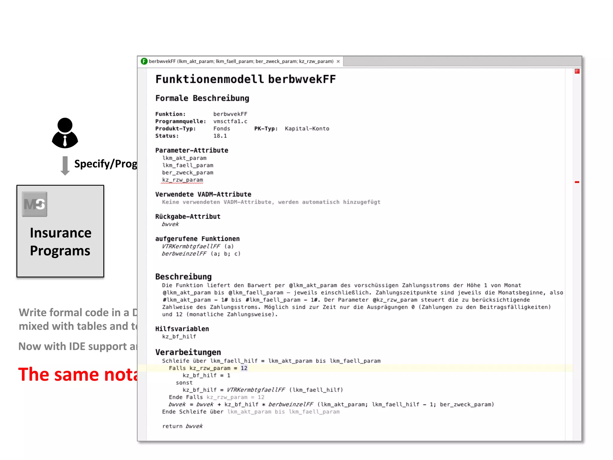 Insurance	
Programs	
Write	formal	code	in	a	DSL	
mixed	with	tables	and	text	
Now	with	IDE	support	and	executable	tests	
	
The	same	notaFon!	
Specify/Program/Test/Debug	
 