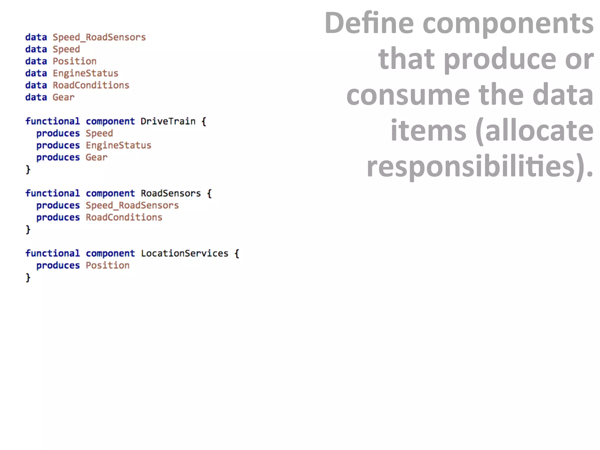 Deﬁne	components	
that	produce	or	
consume	the	data	
items	(allocate	
responsibiliFes).	
 