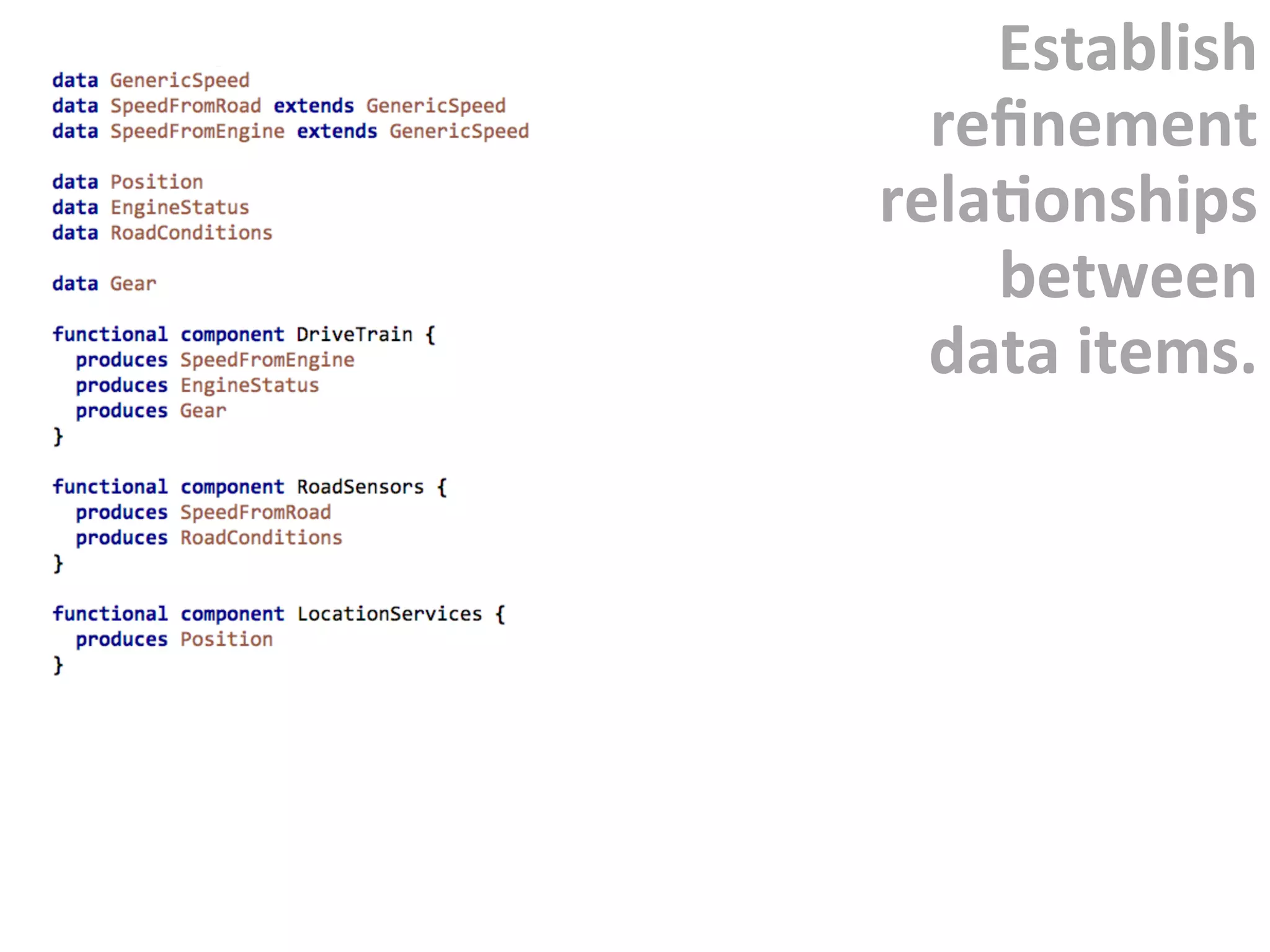 Establish	
reﬁnement	
relaFonships	
between	
data	items.	
 