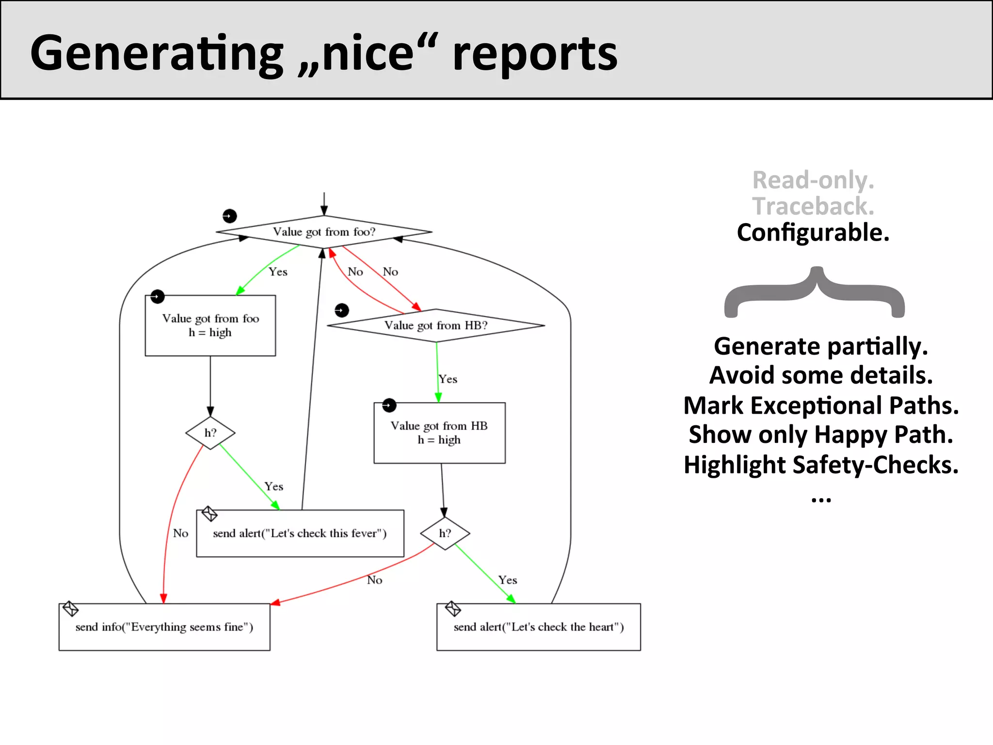 GeneraFng	„nice“	reports	
Read-only.	
Traceback.	
Conﬁgurable.	
{
Generate	parFally.	
Avoid	some	details.	
Mark	ExcepFonal	Paths.	
Show	only	Happy	Path.	
Highlight	Safety-Checks.	
...	
 