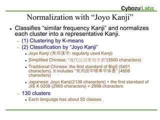 Normalization with “Joyo Kanji”
   Classifies “similar frequency Kanji” and normalizes
    each cluster into a representa...