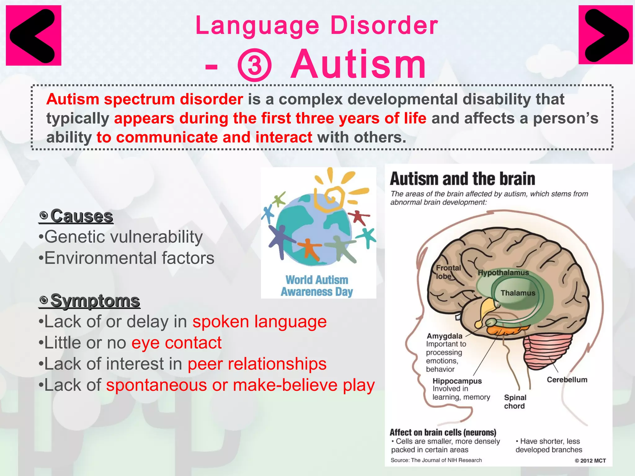 Language Disorder 
- ③ Autism 
Autism spectrum disorder is a complex developmental disability that 
typically appears during the first three years of life and affects a person’s 
ability to communicate and interact with others. 
◉CCaauusseess 
•Genetic vulnerability 
•Environmental factors 
◉SSyymmppttoommss 
•Lack of or delay in spoken language 
•Little or no eye contact 
•Lack of interest in peer relationships 
•Lack of spontaneous or make-believe play 
 