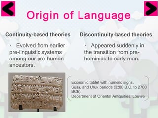 Origin of Language 
Continuity-based theories Discontinuity-based theories 
・Evolved from earlier 
・Appeared suddenly in 
pre-linguistic systems 
the transition from pre-hominids 
among our pre-human 
to early man. 
ancestors. 
Economic tablet with numeric signs, 
Susa, and Uruk periods (3200 B.C. to 2700 
BCE). 
Department of Oriental Antiquities, Louvre 
 