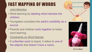 FAST MAPPING OF WORDS
Joint Attention
• Word learning by labeling what interests the
children.
• Youngsters considers the adult’s credibility as a
source.
• Parents and children work together to foster
word learning.
Constraints on Word Names
• If unfamiliar word is heard, it refers to one of
the objects that doesn’t have a name.
Hi! I’m Mido!
 