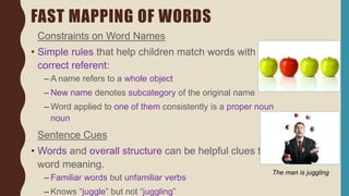 FAST MAPPING OF WORDS
Constraints on Word Names
• Simple rules that help children match words with the
correct referent:
– A name refers to a whole object
– New name denotes subcategory of the original name
– Word applied to one of them consistently is a proper noun
noun
Sentence Cues
• Words and overall structure can be helpful clues to a
word meaning.
– Familiar words but unfamiliar verbs
– Knows “juggle” but not “juggling”
The man is juggling
 