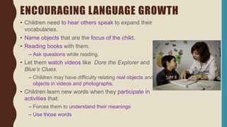 ENCOURAGING LANGUAGE GROWTH
• Children need to hear others speak to expand their
vocabularies.
• Name objects that are the focus of the child.
• Reading books with them.
– Ask questions while reading.
• Let them watch videos like Dore the Explorer and
Blue’s Clues.
– Children may have difficulty relating real objects and
objects in videos and photographs.
• Children learn new words when they participate in
activities that:
– Forces them to understand their meanings
– Use those words
 