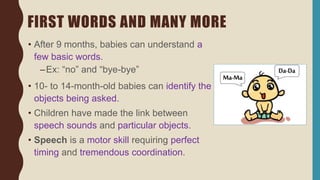FIRST WORDS AND MANY MORE
• After 9 months, babies can understand a
few basic words.
–Ex: “no” and “bye-bye”
• 10- to 14-month-old babies can identify the
objects being asked.
• Children have made the link between
speech sounds and particular objects.
• Speech is a motor skill requiring perfect
timing and tremendous coordination.
 