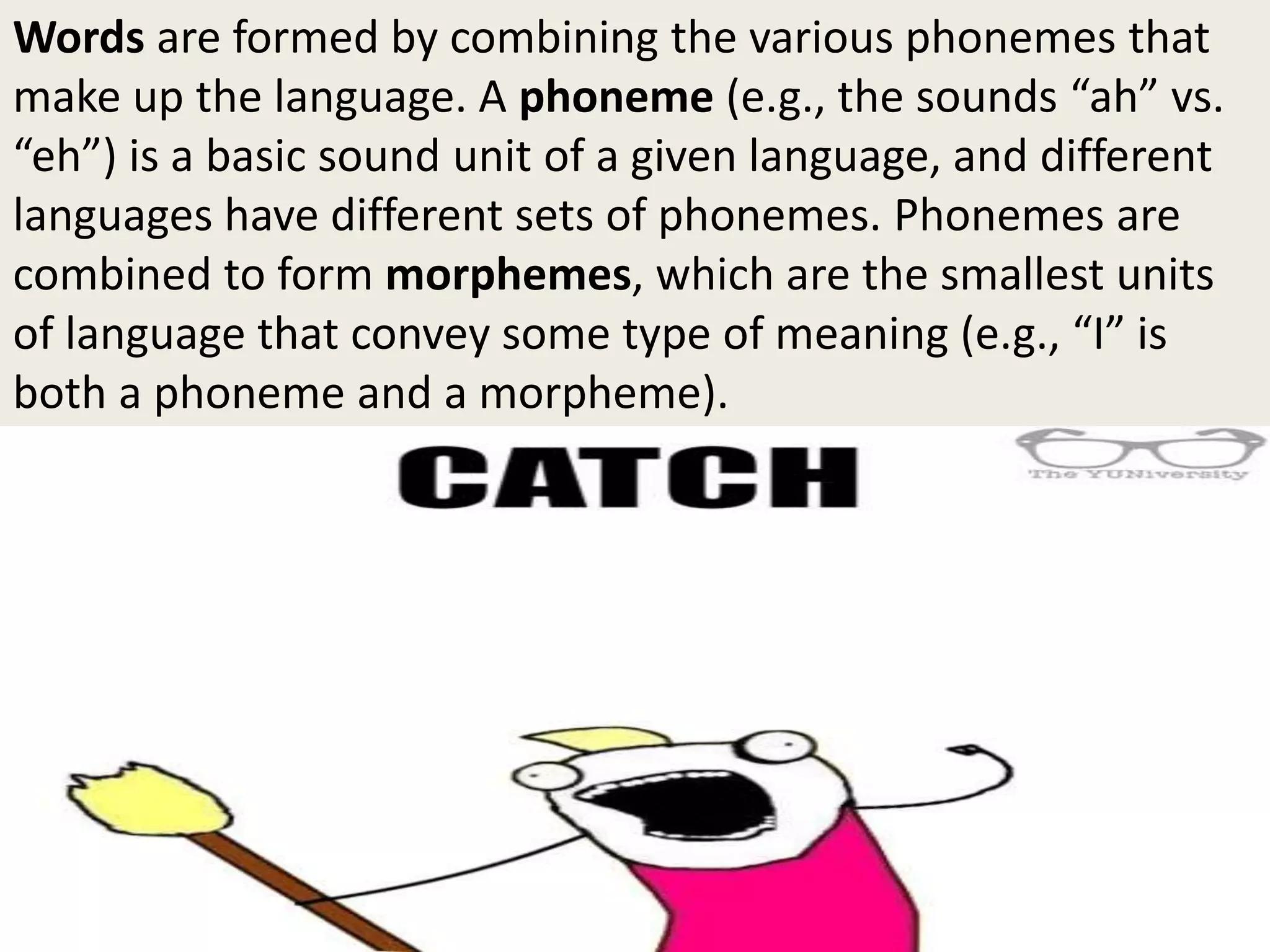 Words are formed by combining the various phonemes that
make up the language. A phoneme (e.g., the sounds “ah” vs.
“eh”) is a basic sound unit of a given language, and different
languages have different sets of phonemes. Phonemes are
combined to form morphemes, which are the smallest units
of language that convey some type of meaning (e.g., “I” is
both a phoneme and a morpheme).
 