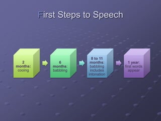 First Steps to Speech
2
months:
cooing
6
months:
babbling
8 to 11
months:
babbling
includes
intonation
1 year:
first words
appear
 