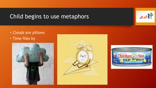 Child begins to use metaphors
• Clouds are pillows
• Time flies by

 