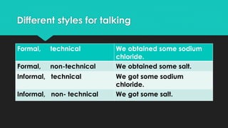 Different styles for talking
Formal, technical We obtained some sodium
chloride.
Formal, non-technical We obtained some salt.
Informal, technical We got some sodium
chloride.
Informal, non- technical We got some salt.
 