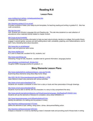 Reading K-8
                                                    Lesson Plans

www.middleschool.net/less_tut/webquests/lawq.htm
Language Arts Webquests

http://teachers.santee.k12.ca.us/carl/
Provides hundreds of ideas, plus ready-to-print templates, for teaching reading and writing in grades K-2. Also has
math connections.

http://go.hrw.com/
Holt, Rinehart and Winston Language Arts and Reading site: This site links students to a vast collection of
educational online materials directly related to chapter content.

http://nces.ed.gov/nceskids/
The NCES Kids Zone provides information to help you learn about schools; decide on a college; find a public library;
engage in several games, quizzes and skill building about math, probability, graphing, and mathematicians; and to
learn many interesting facts about education.

http://www.bbc.co.uk/skillswise/
Basic math and grammar skills review

http://www.starfall.com/
K-2 Learn to Read site; excellent for ELL students, too!

http://www.manythings.org
Interesting Things for ESL Students - excellent site for general information, language practice

www.eduplace.com/kids/hme/6_8/index.html
Houghton Mifflin language practice for grades 6 - 8

                                     Story Elements Lesson Plans
http://www.readwritethink.org/lessons/lesson_view.asp?id=236
Examining Story Elements Using Story Map Comic Strips

http://205.146.39.13/success/lessons/Lesson3/MLAb2_L.HTM
Uses folklore to teach story elements with various activities

http://www.col-ed.org/cur/lang/lang17.txt
Students can visualize a character or event from a story or book and then personalize it through drawings.

http://www.col-ed.org/cur/lang/lang39.txt
Students must be able to identify with the characters in a story to fully comprehend the story.

http://www.eduref.org/cgibin/printlessons.cgi/Virtual/Lessons/Language_Arts/Reading/R DG0201.html
Students will use the elements of literature to complete a story wheel GRADES 2-3

http://www.lessonplanspage.com/LAReadingSetting23.htm
Identify the definition of a setting and its purpose in a story.

http://teachers.net/lessons/posts/1173.html
Define the elements of plot: setting, rising action, climax, denouement/falling action.

http://teachers.net/lessons/posts/1205.html
Analyze a character in a novel by identifying a least 3 character traits and providing proof of those traits in writing
 