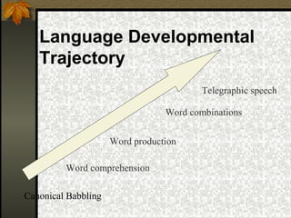 Language Developmental
Trajectory
Canonical Babbling
Word comprehension
Word production
Word combinations
Telegraphic speech
 