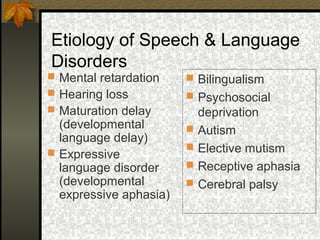Etiology of Speech & Language
Disorders
 Mental retardation
 Hearing loss
 Maturation delay
(developmental
language delay)
 Expressive
language disorder
(developmental
expressive aphasia)
 Bilingualism
 Psychosocial
deprivation
 Autism
 Elective mutism
 Receptive aphasia
 Cerebral palsy
 