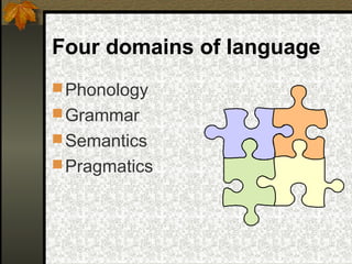 Four domains of language
Phonology
Grammar
Semantics
Pragmatics
 