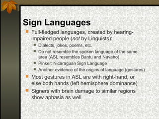 Sign Languages
 Full-fledged languages, created by hearing-
impaired people (not by Linguists):
 Dialects, jokes, poems, etc.
 Do not resemble the spoken language of the same
area (ASL resembles Bantu and Navaho)
 Pinker: Nicaraguan Sign Language
 Another evidence of the origins of language (gestures)
 Most gestures in ASL are with right-hand, or
else both hands (left hemisphere dominance)
 Signers with brain damage to similar regions
show aphasia as well
 