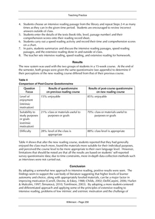 Teaching Practice
Wilkinson - Page 258
4. Students choose an intensive reading passage from the library and repeat Steps 2-4 as many
times as they can in the given time period. Students are encouraged to review incorrect
answers outside of class.
5. Students enter the details of the texts (book title, level, passage number) and their
comprehension scores onto their reading record sheet.
6. Students carry out a speed reading activity and record their time and comprehension scores
on a chart.
7. In pairs, students summarize and discuss the intensive reading passages, speed reading
passages, and the extensive reading done in and outside of class.
8. The teacher sets intensive reading, speed reading, and extensive reading for homework.
Results
The new system was used with the two groups of students in a 15-week course. At the end of
the semester, both groups were given the same questionnaire (see appendix) to determine if
their perceptions of the new reading course differed from that of their previous course.
Table 4
Comparison of Post-Course Questionnaires
Question
Focus
Results of questionnaire
on previous reading course
Results of post-course questionnaire
on new reading course
Level of
enjoyment
(intrinsic
motivation)
15%: enjoyable 85%: enjoyable
Suitability to
study purposes
or goals
(extrinsic
motivation)
21%: class or materials useful to
purposes or goals
70%: class or materials useful to
purposes or goals
Difficulty 28%: level of the class is
appropriate
88%: class level is appropriate
Table 4 shows that after the new reading course, students reported that they had generally
enjoyed the class much more, found the materials more suitable for their individual purposes,
and perceived the course level to be more appropriate to their own language level. However,
limitations that should be noted are that all the results are based on students’ self-reported
survey questionnaire data; due to time constraints, more in-depth data collection methods such
as interviews were not carried out.
Conclusion
By adopting a somewhat new approach to intensive reading, positive results were seen. The
findings seem to support the vast body of literature suggesting that higher levels of learner
autonomy and choice, along with appropriately leveled materials, can be a major factor in
improving motivation (Carrell, Devine, & Eskey, 1988; Childs, 2002; DelliCarpini, 2006; Harlen
& Malcolm, 1997; Šimanová, 2010; Tomlinson, 2003). By adopting a more student-centered
and differentiated approach and applying some of the principles of extensive reading to
intensive reading, problems of low intrinsic and extrinsic motivation and the challenge of
 