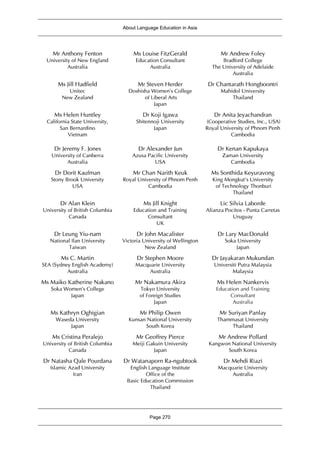 About Language Education in Asia
Page 270
Mr Anthony Fenton
University of New England
Australia
Ms Louise FitzGerald
Education Consultant
Australia
Mr Andrew Foley
Bradford College
The University of Adelaide
Australia
Ms Jill Hadfield
Unitec
New Zealand
Mr Steven Herder
Doshisha Women’s College
of Liberal Arts
Japan
Dr Chantarath Hongboontri
Mahidol University
Thailand
Ms Helen Huntley
California State University,
San Bernardino
Vietnam
Dr Koji Igawa
Shitennoji University
Japan
Dr Anita Jeyachandran
(Cooperative Studies, Inc., USA)
Royal University of Phnom Penh
Cambodia
Dr Jeremy F. Jones
University of Canberra
Australia
Dr Alexander Jun
Azusa Pacific University
USA
Dr Kenan Kapukaya
Zaman University
Cambodia
Dr Dorit Kaufman
Stony Brook University
USA
Mr Chan Narith Keuk
Royal University of Phnom Penh
Cambodia
Ms Sonthida Keyuravong
King Mongkut's University
of Technology Thonburi
Thailand
Dr Alan Klein
University of British Columbia
Canada
Ms Jill Knight
Education and Training
Consultant
UK
Lic Silvia Laborde
Alianza Pocitos - Punta Carretas
Uruguay
Dr Leung Yiu-nam
National Ilan University
Taiwan
Dr John Macalister
Victoria University of Wellington
New Zealand
Dr Lary MacDonald
Soka University
Japan
Ms C. Martin
SEA (Sydney English Academy)
Australia
Dr Stephen Moore
Macquarie University
Australia
Dr Jayakaran Mukundan
Universiti Putra Malaysia
Malaysia
Ms Maiko Katherine Nakano
Soka Women’s College
Japan
Mr Nakamura Akira
Tokyo University
of Foreign Studies
Japan
Ms Helen Nankervis
Education and Training
Consultant
Australia
Ms Kathryn Oghigian
Waseda University
Japan
Mr Philip Owen
Kunsan National University
South Korea
Mr Suriyan Panlay
Thammasat University
Thailand
Ms Cristina Peralejo
University of British Columbia
Canada
Mr Geoffrey Pierce
Meiji Gakuin University
Japan
Mr Andrew Pollard
Kangwon National University
South Korea
Dr Natasha Qale Pourdana
Islamic Azad University
Iran
Dr Watanaporn Ra-ngubtook
English Language Institute
Office of the
Basic Education Commission
Thailand
Dr Mehdi Riazi
Macquarie University
Australia
 