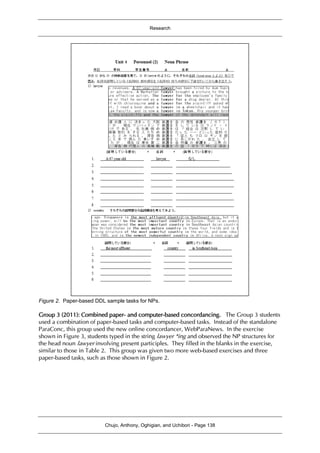 Research
Chujo, Anthony, Oghigian, and Uchibori - Page 138
Figure 2. Paper-based DDL sample tasks for NPs.
Group 3 (2011): Combined paper- and computer-based concordancing. The Group 3 students
used a combination of paper-based tasks and computer-based tasks. Instead of the standalone
ParaConc, this group used the new online concordancer, WebParaNews. In the exercise
shown in Figure 3, students typed in the string lawyer *ing and observed the NP structures for
the head noun lawyer involving present participles. They filled in the blanks in the exercise,
similar to those in Table 2. This group was given two more web-based exercises and three
paper-based tasks, such as those shown in Figure 2.
 