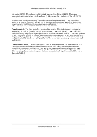 Language Education in Asia, Volume 3, Issue 2, 2012
Yamkate and Intratat - Page 149
interesting (3.36). The relevance of their talk was rated the highest (4.21). The use of
appropriate expressions was rated moderate (2.94), as was the continuity of the talk (3.36).
Students were clearly moderately satisfied with their first performance. They saw some
mistakes in posture, gestures, and the use of appropriate expressions. However, they were
highly satisfied with the relevance of their talk to the topic.
Questionnaire 2. The data was also computed for means. The students rated their verbal
proficiency as high in grammar (4.05), pronunciation (3.94), and fluency (3.94). They also
rated their body language as highly proficient in eye contact (4.00), posture (3.63), and gestures
(3.89). Regarding quality of content, they considered interestingness (4.36), relevance (4.94),
and continuity (4.21) to be at the highest level. The use of appropriate expressions was rated
high (4.10).
Questionnaires 1 and 2. From the means of data, it was evident that the students were more
satisfied with their second performance than with the first. They considered their verbal
proficiency, nonverbal performance, and the quality of the content much improved. The
different ratings between the two presentations were statistically significant at 0.05 levels, as
shown in Table 1.
 