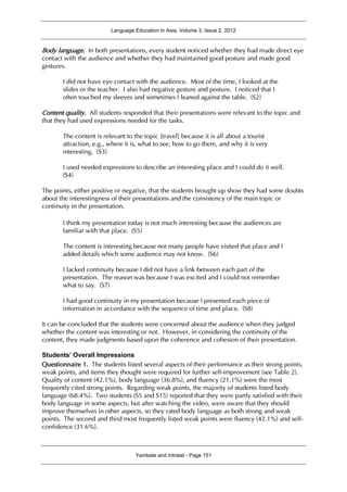 Language Education in Asia, Volume 3, Issue 2, 2012
Yamkate and Intratat - Page 151
Body language. In both presentations, every student noticed whether they had made direct eye
contact with the audience and whether they had maintained good posture and made good
gestures.
I did not have eye contact with the audience. Most of the time, I looked at the
slides or the teacher. I also had negative gesture and posture. I noticed that I
often touched my sleeves and sometimes I leaned against the table. (S2)
Content quality. All students responded that their presentations were relevant to the topic and
that they had used expressions needed for the tasks.
The content is relevant to the topic [travel] because it is all about a tourist
attraction, e.g., where it is, what to see, how to go there, and why it is very
interesting. (S3)
I used needed expressions to describe an interesting place and I could do it well.
(S4)
The points, either positive or negative, that the students brought up show they had some doubts
about the interestingness of their presentations and the consistency of the main topic or
continuity in the presentation.
I think my presentation today is not much interesting because the audiences are
familiar with that place. (S5)
The content is interesting because not many people have visited that place and I
added details which some audience may not know. (S6)
I lacked continuity because I did not have a link between each part of the
presentation. The reason was because I was excited and I could not remember
what to say. (S7)
I had good continuity in my presentation because I presented each piece of
information in accordance with the sequence of time and place. (S8)
It can be concluded that the students were concerned about the audience when they judged
whether the content was interesting or not. However, in considering the continuity of the
content, they made judgments based upon the coherence and cohesion of their presentation.
Students’ Overall Impressions
Questionnaire 1. The students listed several aspects of their performance as their strong points,
weak points, and items they thought were required for further self-improvement (see Table 2).
Quality of content (42.1%), body language (36.8%), and fluency (21.1%) were the most
frequently cited strong points. Regarding weak points, the majority of students listed body
language (68.4%). Two students (S5 and S15) reported that they were partly satisfied with their
body language in some aspects, but after watching the video, were aware that they should
improve themselves in other aspects, so they rated body language as both strong and weak
points. The second and third most frequently listed weak points were fluency (42.1%) and self-
confidence (31.6%).
 