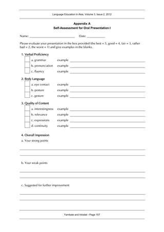 Language Education in Asia, Volume 3, Issue 2, 2012
Yamkate and Intratat - Page 157
Appendix A
Self-Assessment for Oral Presentation I
Name: ______________________________ Date: ____________
Please evaluate your presentation in the box provided (the best = 5, good = 4, fair = 3, rather
bad = 2, the worst = 1) and give examples in the blanks.
1. Verbal Proficiency
a. grammar example
b. pronunciation example
c. fluency example
2. Body Language
a. eye contact example
b. posture example
c. gesture example
3. Quality of Content
a. interestingness example
b. relevance example
c. expressions example
d. continuity example
4. Overall Impression
a. Your strong points
b. Your weak points
c. Suggested for further improvement
 