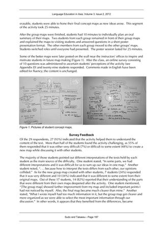 Language Education in Asia, Volume 3, Issue 2, 2012
Sudo and Takaesu - Page 187
erasable, students were able to hone their final concept maps as new ideas arose. This segment
of the activity took 25 minutes.
After the group maps were finished, students had 10 minutes to individually plan an oral
summary of their maps. Two students from each group remained in front of their group maps
and explained the maps to visiting students and answered questions in a short poster
presentation format. The other members from each group moved to the other groups’ maps.
Students switched roles until everyone had presented. The poster session lasted for 25 minutes.
Some of the better maps were later posted on the wall near the instructors’ offices to inspire and
motivate students in future map making (Figure 1). After the class, an online survey consisting
of 10 questions was administered to ascertain students’ perceptions of the activity (see
Appendix D) and twenty-nine students responded. Comments made in English have been
edited for fluency; the content is unchanged.
Figure 1. Pictures of student concept maps.
Survey Feedback
Of the 29 respondents, 27 (93%) indicated that the activity helped them to understand the
content of the text. More than half of the students found the activity challenging, as 55% of
them responded that it was either very difficult (7%) or difficult to some extent (48%) to create a
new map while discussing it with other students.
The majority of those students pointed out different interpretations of the texts held by each
student as the main source of the difficulty. One student stated, “In some parts, we had
different interpretations and it was difficult for us to sum up our ideas in one map.” Another
student noted, “. . . because how to interpret the texts differs from each other, our opinions
collided.” As for the new group map created with other students, 7 students (24%) responded
that it was very different and 10 (34%) indicated that it was different to some extent from their
original maps. Out of these 17 students, 14 (82%) reported that their understanding of the parts
that were different from their own maps deepened after the activity. One student mentioned,
“[The group map] showed further improvement from my map and included important points I
had not noticed by myself. Also, the final map became much clearer than mine.” Another
stated, “What I wrote myself had too much information in it, but the group map got clearer and
more organized as we were able to select the most important information through our
discussion.” In other words, it appears that they benefited from the differences, became
 