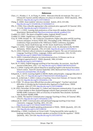 Editor’s Note
Stroupe - Page 130
References
Chen, J. F., Warden, C. A., & Chang, H. (2005). Motivators that do not motivate: The case of
Chinese EFL learners and the influence of culture on motivation. TESOL Quarterly, 39(4),
609-633. http://dx.doi.org/10.2307/3588524
Cheng, X. (2000). Asian students' reticence revisited. System, 28 (3), 435-446.
http://dx.doi.org/10.1016/S0346-251X(00)00015-4
Ellis, G. (1996). How culturally appropriate is the communicative approach? ELT Journal, 50(3),
213-218. http://dx.doi.org/10.1093/elt/50.3.213
Goodson, T. J. (1993). Learning style preferences of East Asian ESL students. (Doctoral
dissertation). Retrieved from http://trace.tennessee.edu/utk_graddiss/1254
Graddol, D. (1997). The future of English? London, England: British Council.
Graddol, D. (2006). English next. London, England: British Council.
Gray, R. (1998, October 16 - 18). Confucian conundrums: Higher education and ESL teaching
in Korea and Japan. In Korea TESOL (Ed.), Proceedings of the 1998 Korea TESOL
Conference. Paper presented at the 1998 Korea TESOL Conference, Kyunghee
University, Seoul, South Korea (pp. 45-50). Seoul, South Korea: KOTESOL.
Higgins, C. (2003). “Ownership” of English in the outer circle: An alternative to the NS-NNS
dichotomy. TESOL Quarterly, 37(4), 615-644. http://dx.doi.org/10.2307/3588215
Hu, G. (2002). Potential cultural resistance to pedagogical imports: The case of Communicative
Language Teaching in China. Language, Culture and Curriculum, 15(2), 93-105.
http://dx.doi.org/10.1080/07908310208666636
Hu, G. (2005). Contextual influences on instructional practices: A Chinese case for an
ecological approach to ELT. TESOL Quarterly, 39(4), 635-660.
http://dx.doi.org/10.2307/3588525
Kam, W. H. (2002). English language teaching in East Asia today: An overview. Asia-Pacific
Journal of Education, 22(2), 1-22. http://dx.doi.org/10.1080/0218879020220203
Kim, S. J. (2004). Coping with cultural obstacles to speaking English in the Korean Secondary
School context. Asian EFL Journal, September 2004. Retrieved from http://www.asian-
efl-journal.com/september_04_ksj.php
Kirkpatrick, A. (2010). Learning English in ASEAN: Myths and principles. Language Education in
Asia, 1(1), 1-7. http://dx.doi.org/10.5746/LEiA/10/V1/A02/Kirkpatrick
Lewis, M., & McCook, F. (2002). Cultures of teaching: Voices from Vietnam. ELT Journal, 56(2),
146-153. http://dx.doi.org/10.1093/elt/56.2.146
Li, D. (1998). “It’s always more difficult than you plan and imagine”: Teachers’ perceived
difficulties in introducing the Communicative Approach in South Korea. TESOL
Quarterly, 32(4), 677-703. http://dx.doi.org/10.2307/3588000
Li, M. (2003, November 29-December 3). Culture and classroom communication: A case study
of Asian students in New Zealand language schools. Paper presented at the joint
NZARE-AARE Conference 2003 at University of Auckland, New Zealand. Auckland,
New Zealand: NZARE-AARE.
Liao, X. (2004). The need for Communicative Language Teaching in China. ELT Journal, 58(3),
270-273. http://dx.doi.org/10.1093/elt/58.3.270
Littlewood, W. (2007). Communicative and task-based language teaching in East Asian
classrooms. Language Teaching, 40(3), 243-249.
http://dx.doi.org/10.1017/S0261444807004363
Liu, J. (1999). Nonnative-English-speaking professionals in TESOL. TESOL Quarterly, 33(1), 85-
102. http://dx.doi.org/10.2307/3588192
Milambiling, J. (2000). Comments on Vivian Cook’s “Going beyond the native speaker in
language teaching: How nonnative speakers as teachers fit into the equation.” TESOL
Quarterly, 34(2), 324-328. http://dx.doi.org/10.2307/3587955
 