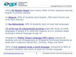 Language Education in U.S. Schools
© Globalization Partners International. All rights reserved.http://blog.globalizationpartners.com/ 7
•Many EU Member States have nearly 100% of their students learning
English in primary schools
•In Belgium, 94% of students learn English, 23% learn French and
21% learn German
•In the Netherlands, 68% of students learn at least two languages
•21 of the top 25 industrialized countries begin the study of world
languages in grades K-5, while the majority of U.S. students begin
studying a second language at age 14
•Singapore's Mother Tongue Language (MTL) policy requires all
students who are Singaporeans or Singapore Permanent Residents to
study their respective official MTL: Chinese, Malay and Tamil
•50% of U.S. students study a world language, compared to 90% of
European students who study at least one foreign language
 