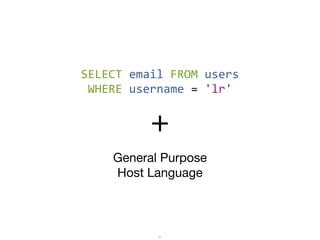 General Purpose
Host Language
5
+
SELECT	
  email	
  FROM	
  users
WHERE	
  username	
  =	
  'lr'
 