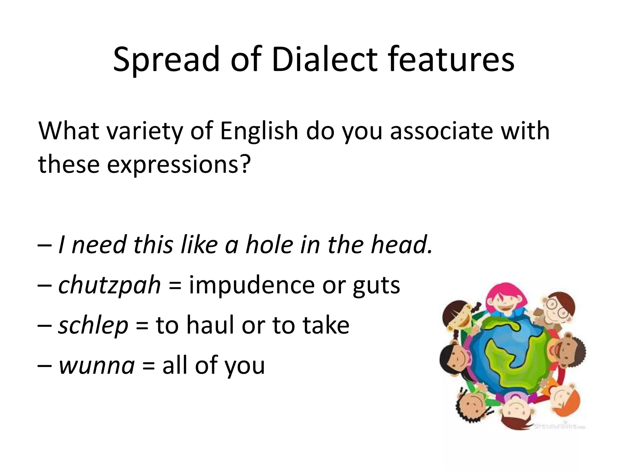 Spread of Dialect features
What variety of English do you associate with
these expressions?

– I need this like a hole in the head.
– chutzpah = impudence or guts
– schlep = to haul or to take
– wunna = all of you
 