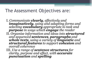 The Assessment Objectives are:

I. Communicate clearly, effectively and
  imaginatively, using and adapting forms and
  selecting vocabulary appropriate to task and
  purpose in ways which engage the reader
II. Organise information and ideas into structured
  and sequenced sentences, paragraphs and
  whole texts, using a variety of linguistic and
  structural features to support cohesion and
  overall coherence
III. Use a range of sentence structures for
  clarity, purpose and effect, with accurate
  punctuation and spelling
 