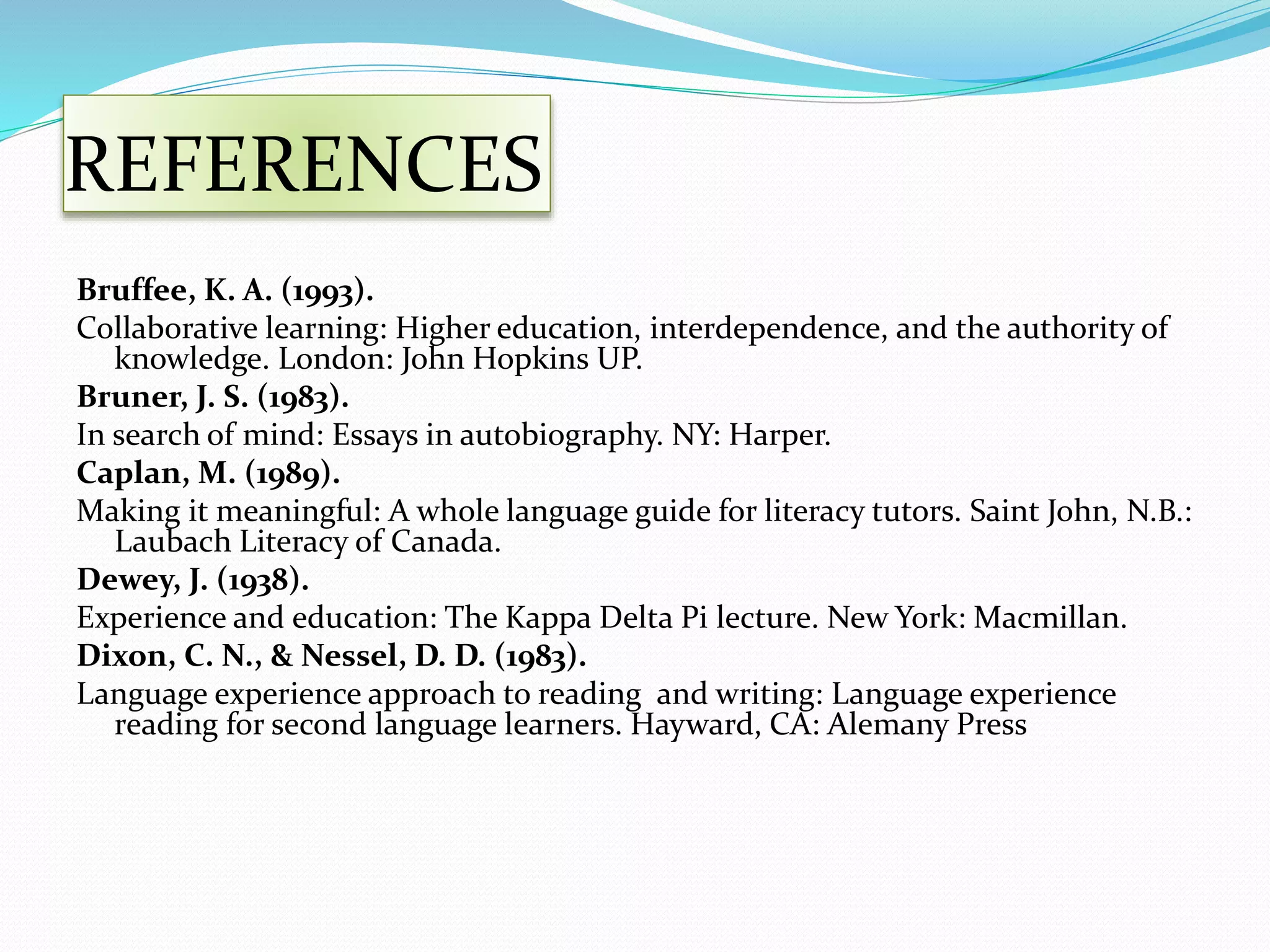 REFERENCES 
Bruffee, K. A. (1993). 
Collaborative learning: Higher education, interdependence, and the authority of 
knowledge. London: John Hopkins UP. 
Bruner, J. S. (1983). 
In search of mind: Essays in autobiography. NY: Harper. 
Caplan, M. (1989). 
Making it meaningful: A whole language guide for literacy tutors. Saint John, N.B.: 
Laubach Literacy of Canada. 
Dewey, J. (1938). 
Experience and education: The Kappa Delta Pi lecture. New York: Macmillan. 
Dixon, C. N., & Nessel, D. D. (1983). 
Language experience approach to reading and writing: Language experience 
reading for second language learners. Hayward, CA: Alemany Press 
 