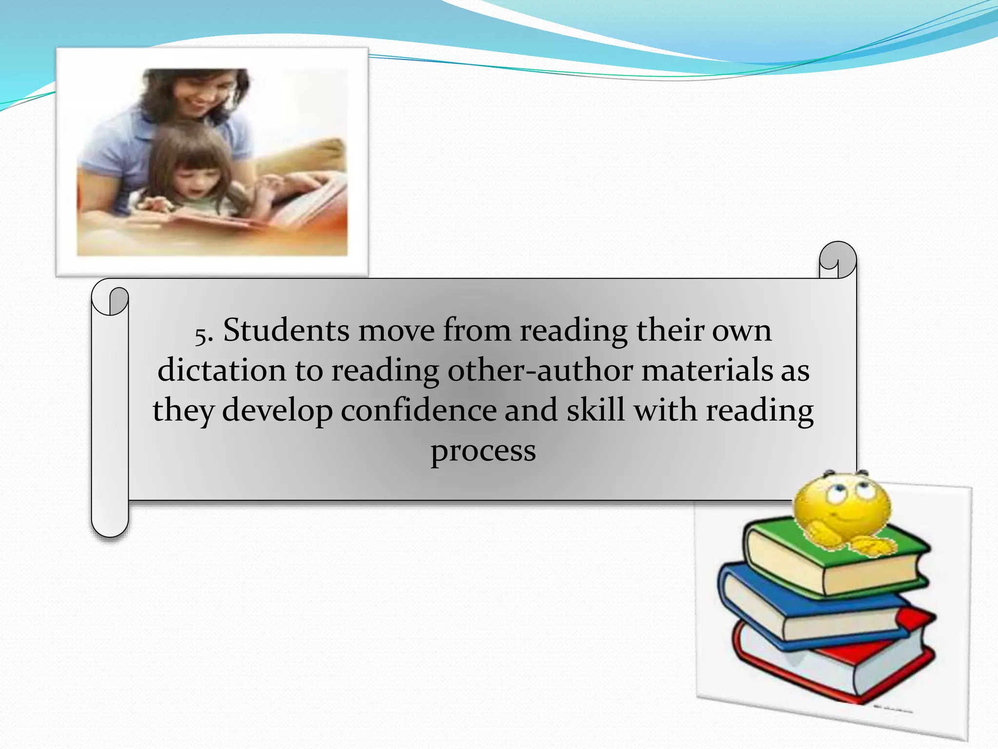 5. Students move from reading their own 
dictation to reading other-author materials as 
they develop confidence and skill with reading 
process 
 